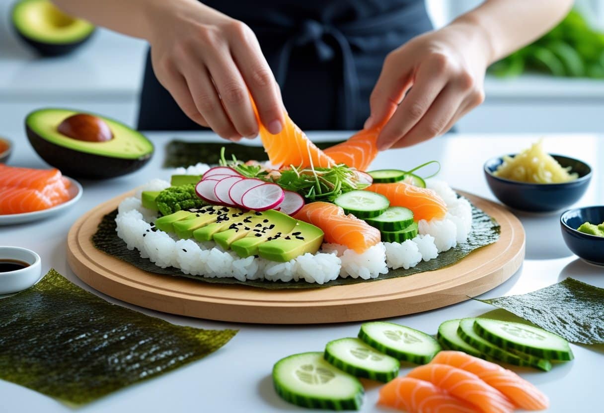 Hands preparing a sushi pizza with fresh ingredients on a kitchen counter.