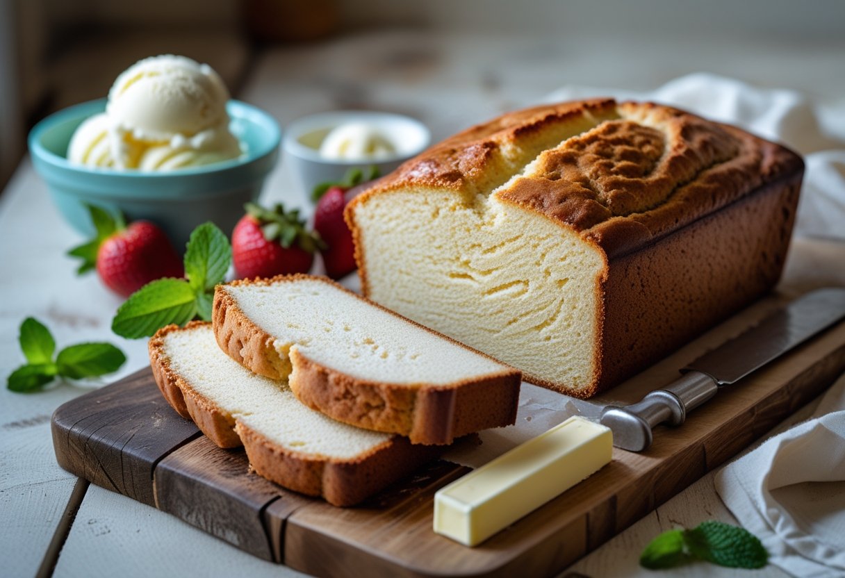 Freshly baked ice cream bread sliced on a wooden board with scoops of vanilla ice cream and strawberries nearby.