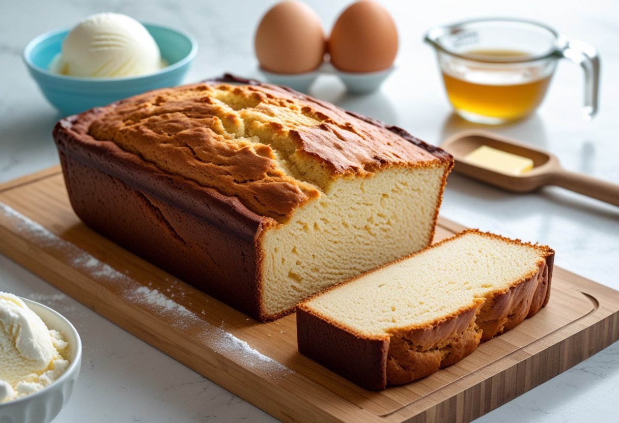 A sliced loaf of ice cream bread on a wooden board with ice cream, flour, and eggs nearby on a kitchen countertop.
