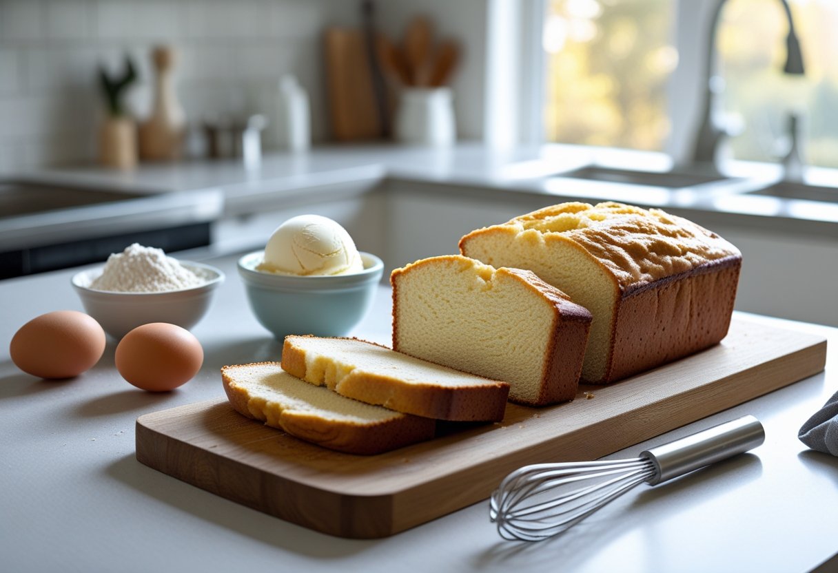 Sliced ice cream bread on a cutting board with ingredients like ice cream, eggs, and flour on a kitchen countertop.