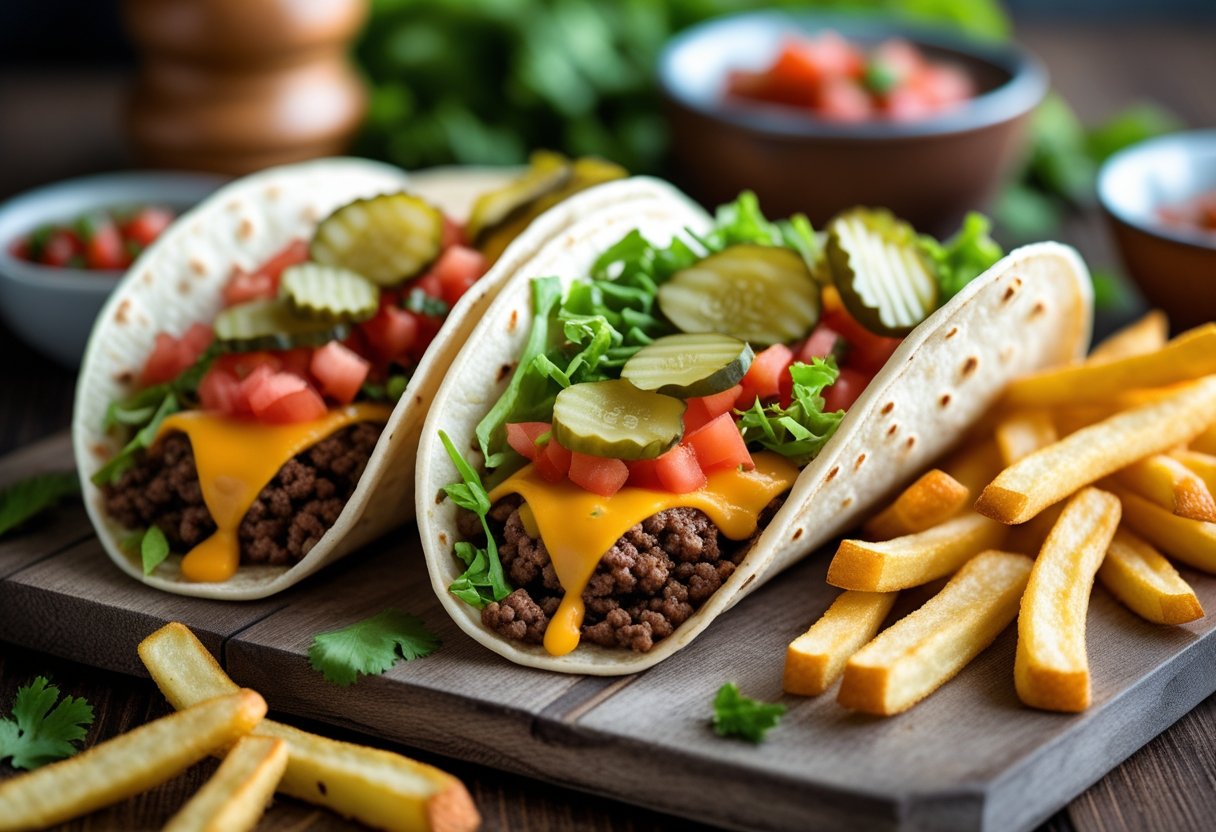 Three cheeseburger tacos filled with ground beef, cheese, lettuce, tomatoes, and pickles on a wooden board with a bowl of salsa and fries.
