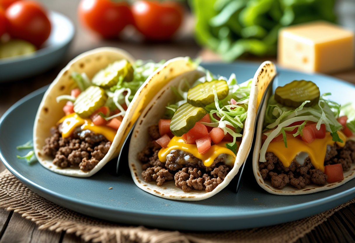 A plate of cheeseburger tacos filled with ground beef, melted cheese, lettuce, tomatoes, and pickles on a wooden table.
