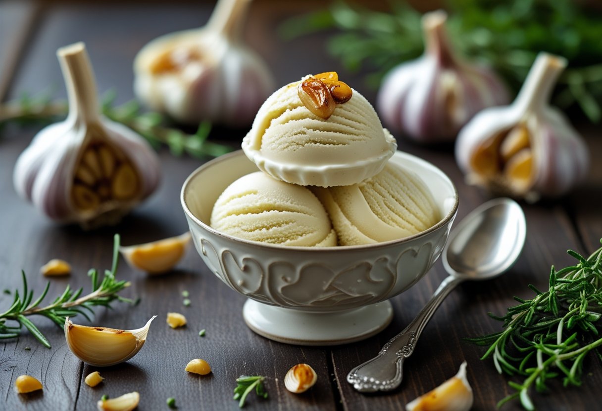 A bowl of roasted garlic ice cream on a wooden table surrounded by roasted garlic bulbs and fresh herbs.