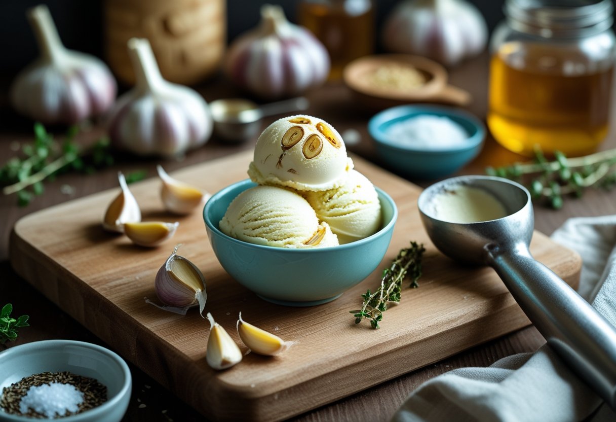 A wooden board with roasted garlic cloves, a bowl of creamy ice cream, and kitchen ingredients arranged on a rustic kitchen countertop.
