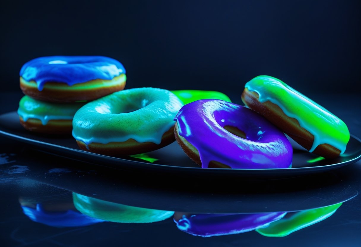 A plate of glowing donuts with neon-colored icing on a dark surface.