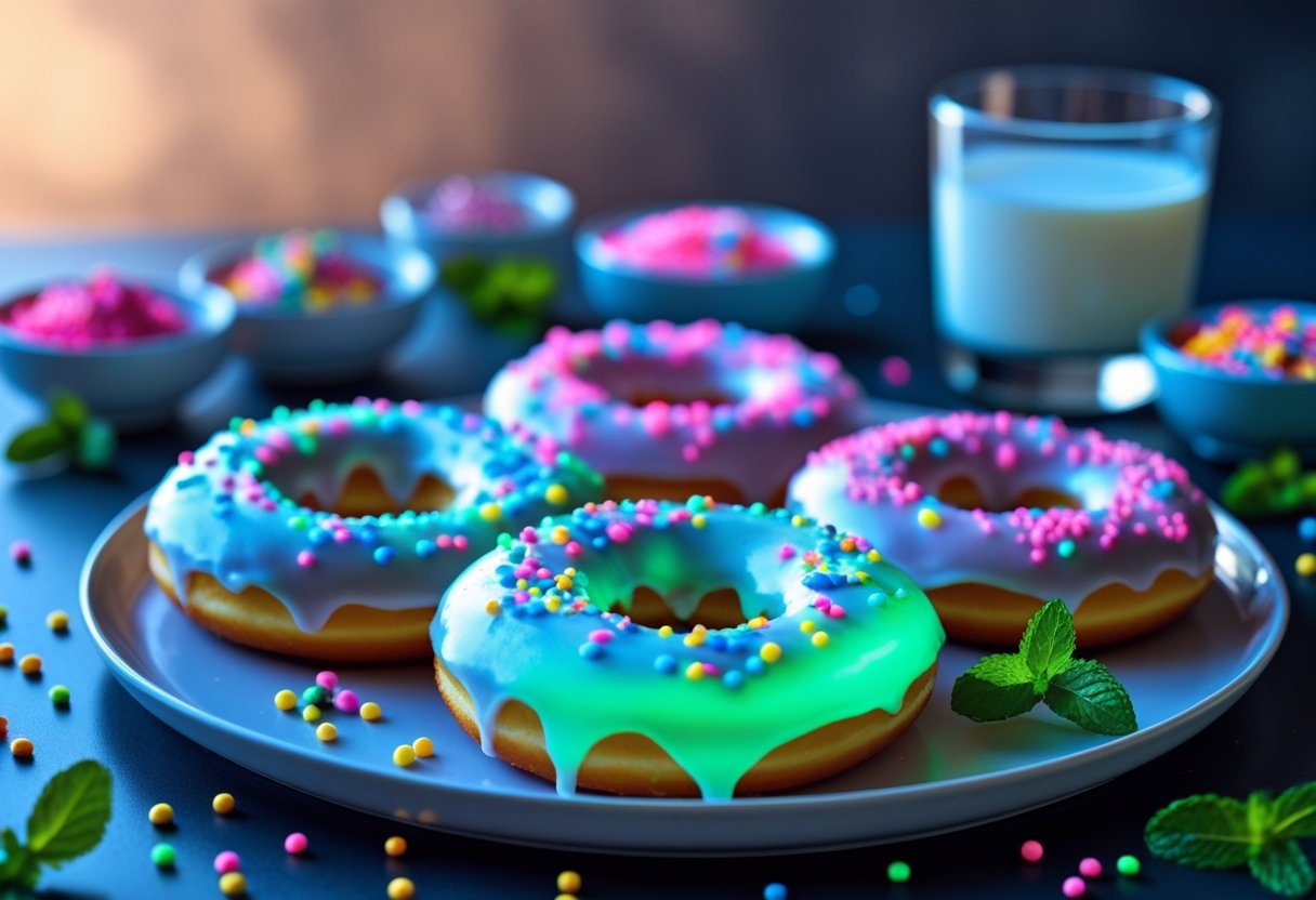 A plate of glowing neon-colored donuts with bowls of sprinkles and a glass of milk on a dark surface.