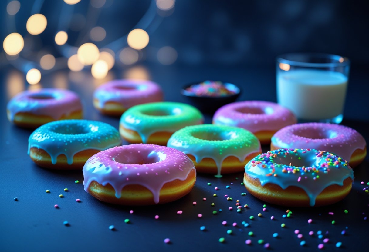 Close-up of several glowing donuts with neon-colored glaze on a dark surface, accompanied by a small bowl of sprinkles and a glass of milk.