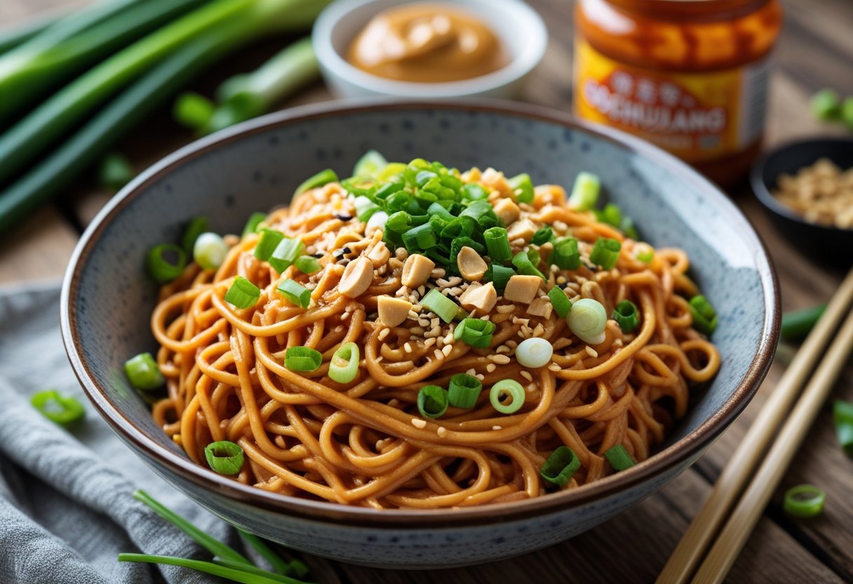 A bowl of gochujang peanut butter noodles garnished with green onions and crushed peanuts on a wooden table with chopsticks beside it.