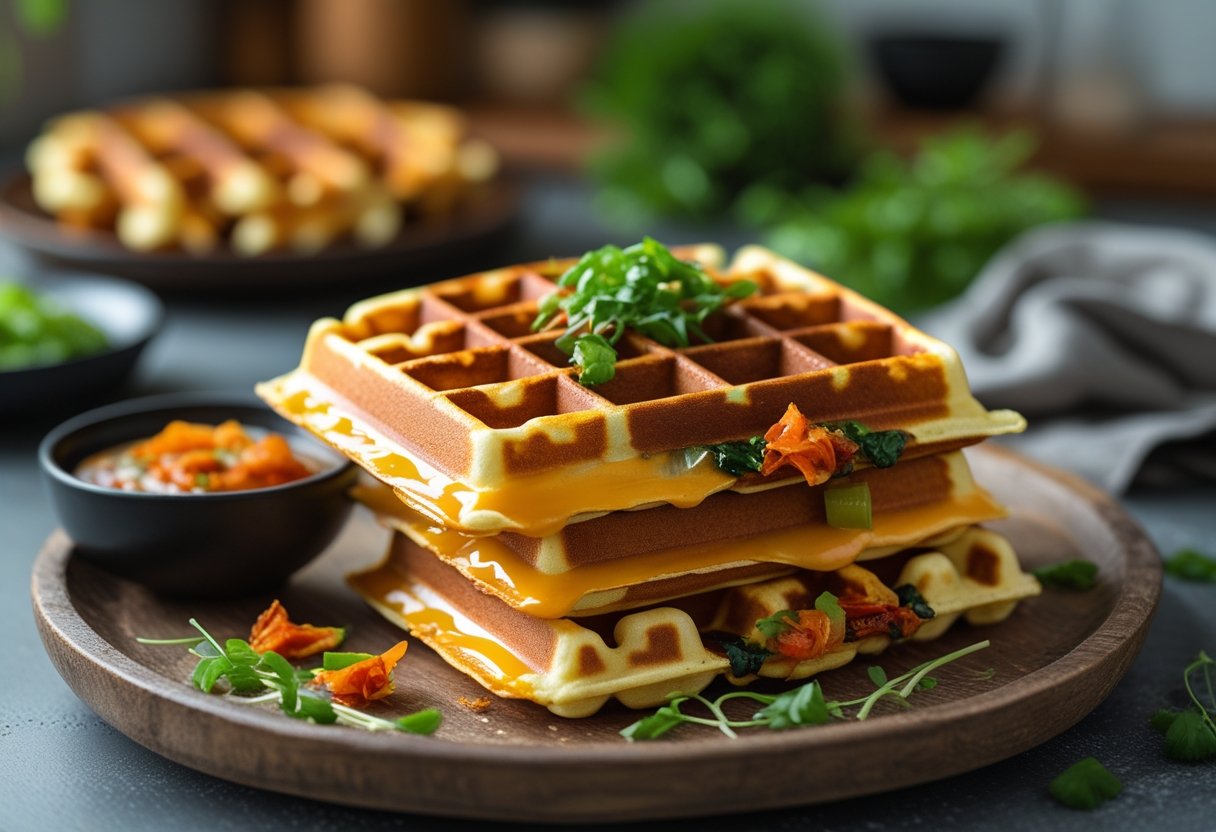 A golden brown kimchi grilled cheese waffle on a wooden plate with fresh herbs and a small bowl of dipping sauce.