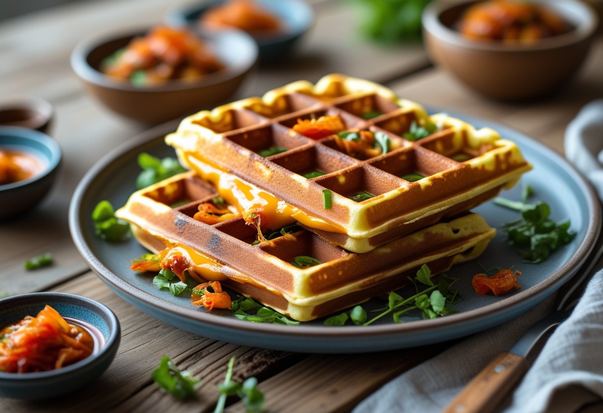 Close-up of crispy kimchi grilled cheese waffles on a plate with small bowls of kimchi and dipping sauces on a wooden table.