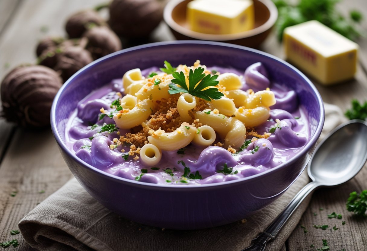 A bowl of creamy purple ube mac 'n' cheese garnished with herbs on a wooden table, surrounded by ingredients.