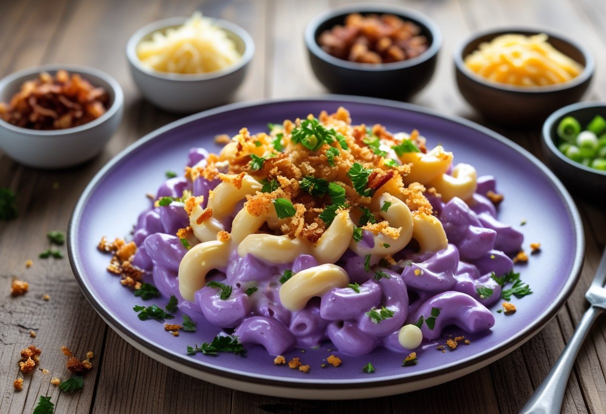 A plate of purple ube mac ‘n’ cheese topped with breadcrumbs and herbs, surrounded by small bowls of toppings like bacon bits, cheese, and green onions on a wooden table.