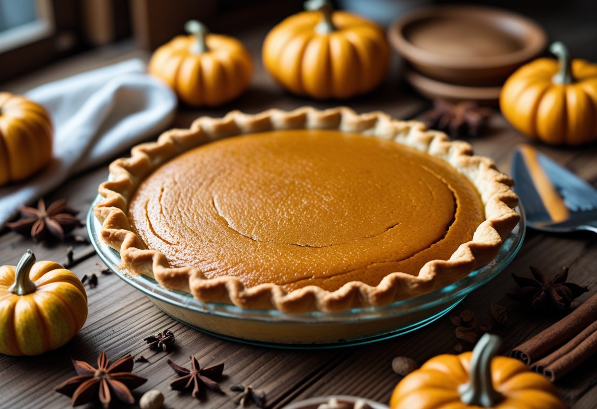A freshly baked pumpkin pie on a wooden table surrounded by autumn spices and small pumpkins.
