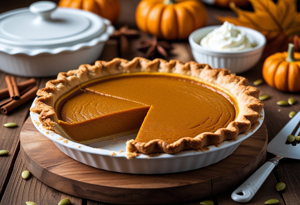 A freshly baked pumpkin pie on a wooden table with a pie server, a glass storage container, and a bowl of whipped cream nearby, surrounded by autumn spices.