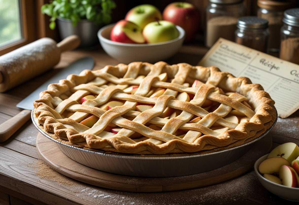A freshly baked apple pie on a wooden table surrounded by baking ingredients in a cozy kitchen.