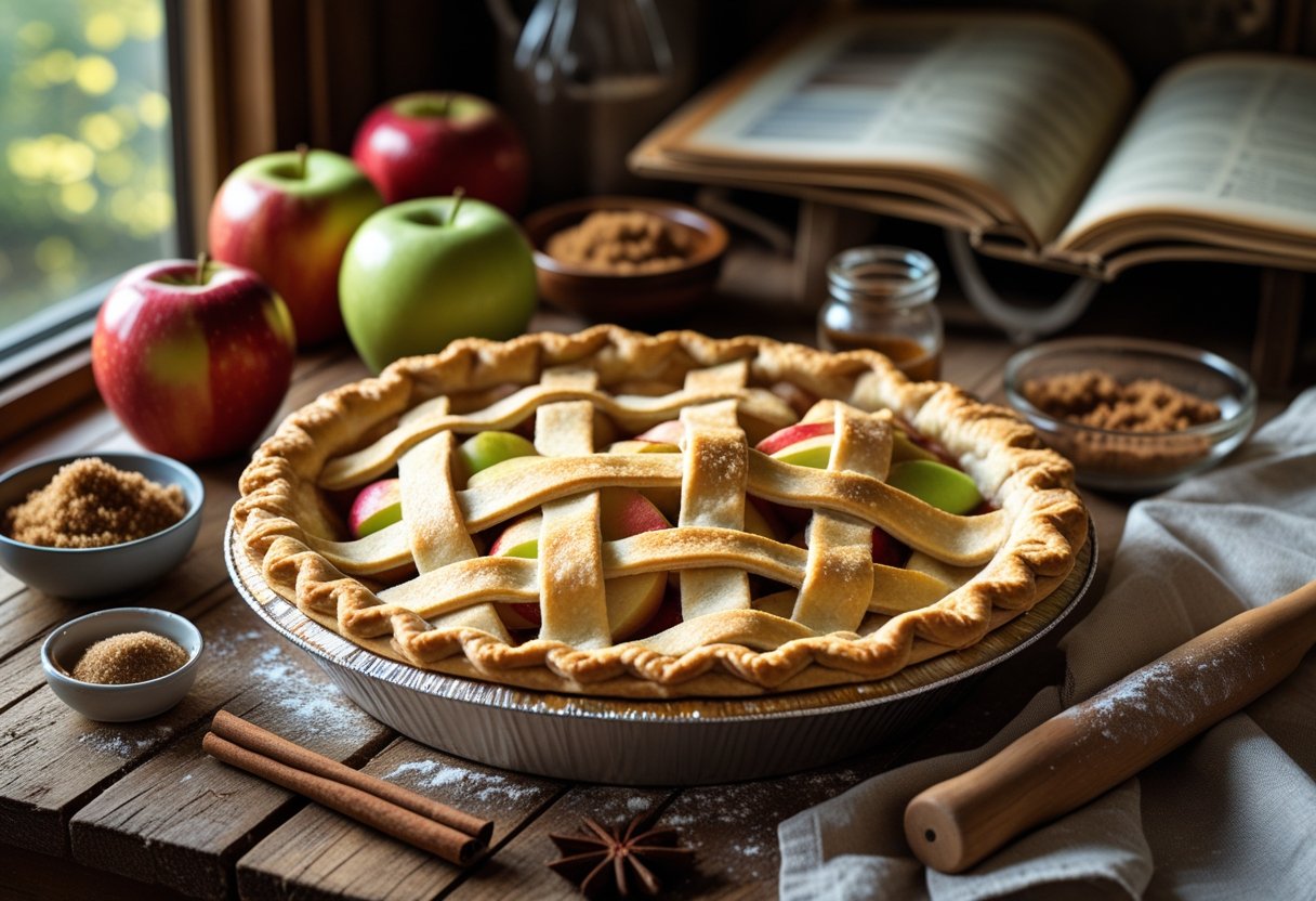 A freshly baked apple pie on a wooden table surrounded by apples, cinnamon sticks, brown sugar, and baking tools in a cozy kitchen.