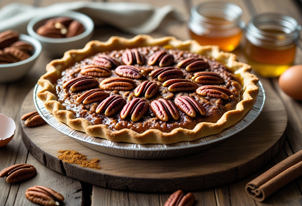 A freshly baked pecan pie with whole pecans on top on a wooden table surrounded by baking ingredients like pecans, honey, cinnamon, and eggshells.