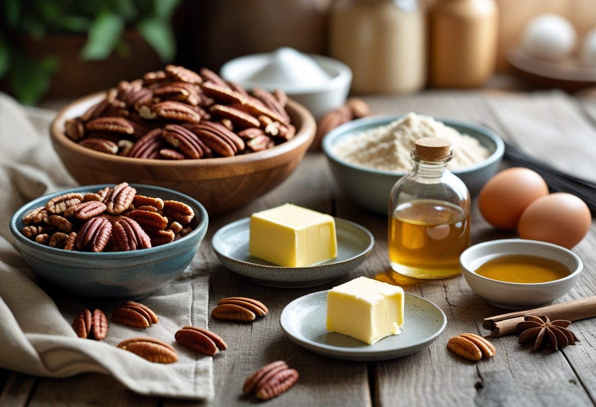 A wooden table with bowls of pecans, honey, brown sugar, melted butter, eggs, vanilla extract, and flour arranged for making pecan pie.
