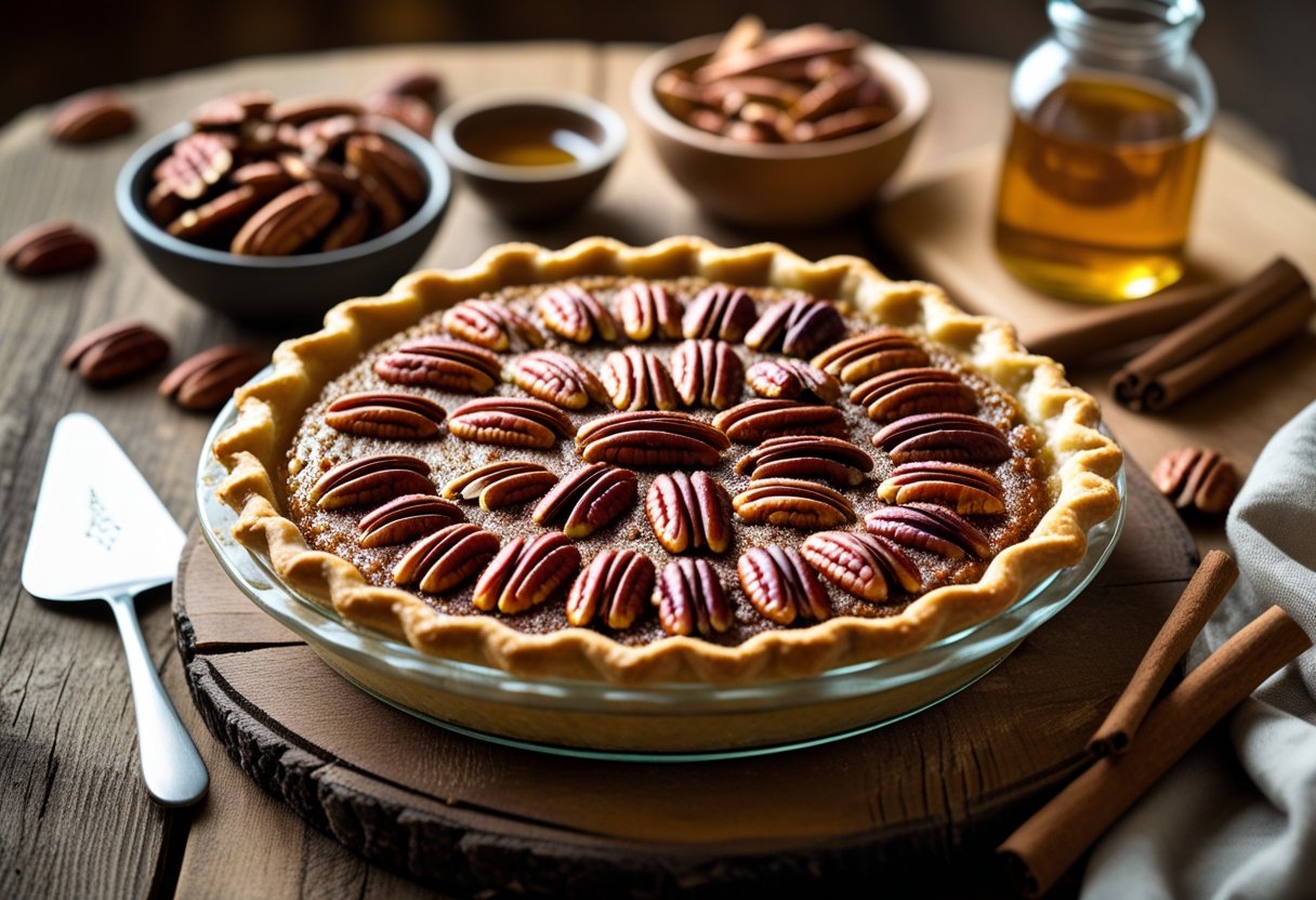 A freshly baked pecan pie with whole pecans on top, placed on a wooden table with bowls of pecans and cinnamon sticks nearby.