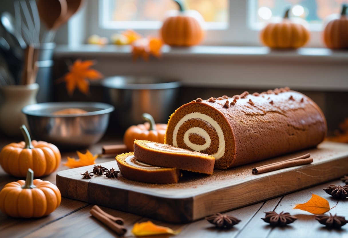 A sliced pumpkin roll cake on a wooden board surrounded by small pumpkins, cinnamon sticks, and autumn leaves in a cozy kitchen setting.