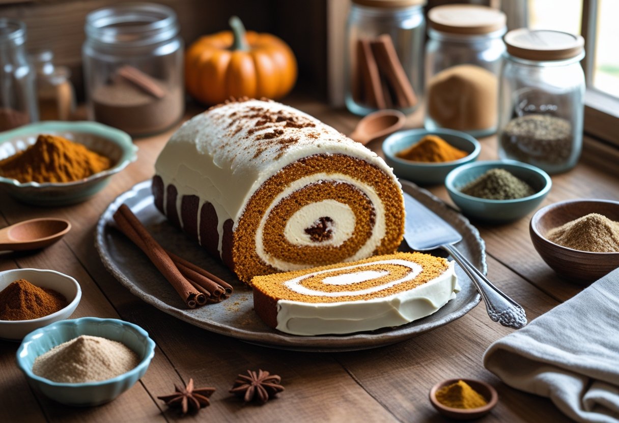 A wooden table with a sliced pumpkin roll cake surrounded by bowls of spices, jars, and serving utensils in a cozy kitchen setting.