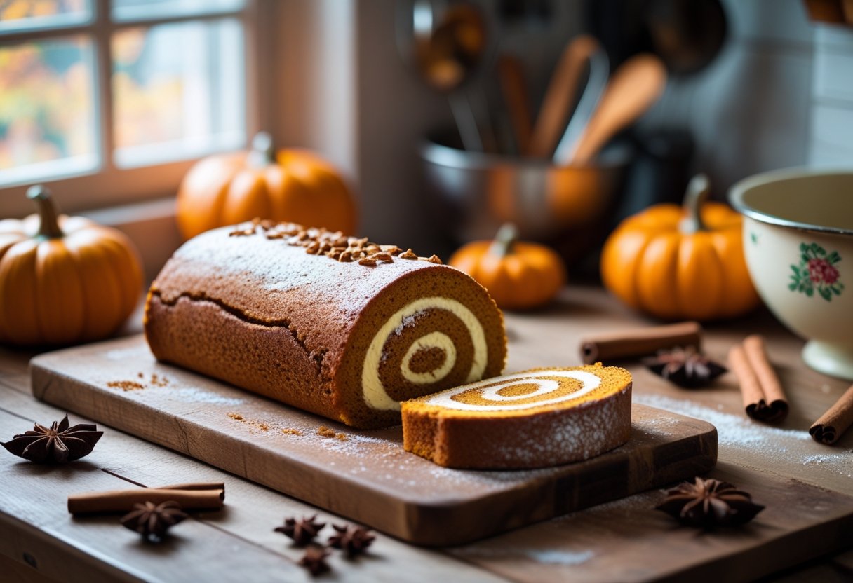 A sliced pumpkin roll on a wooden cutting board with autumn decorations in a cozy kitchen setting.