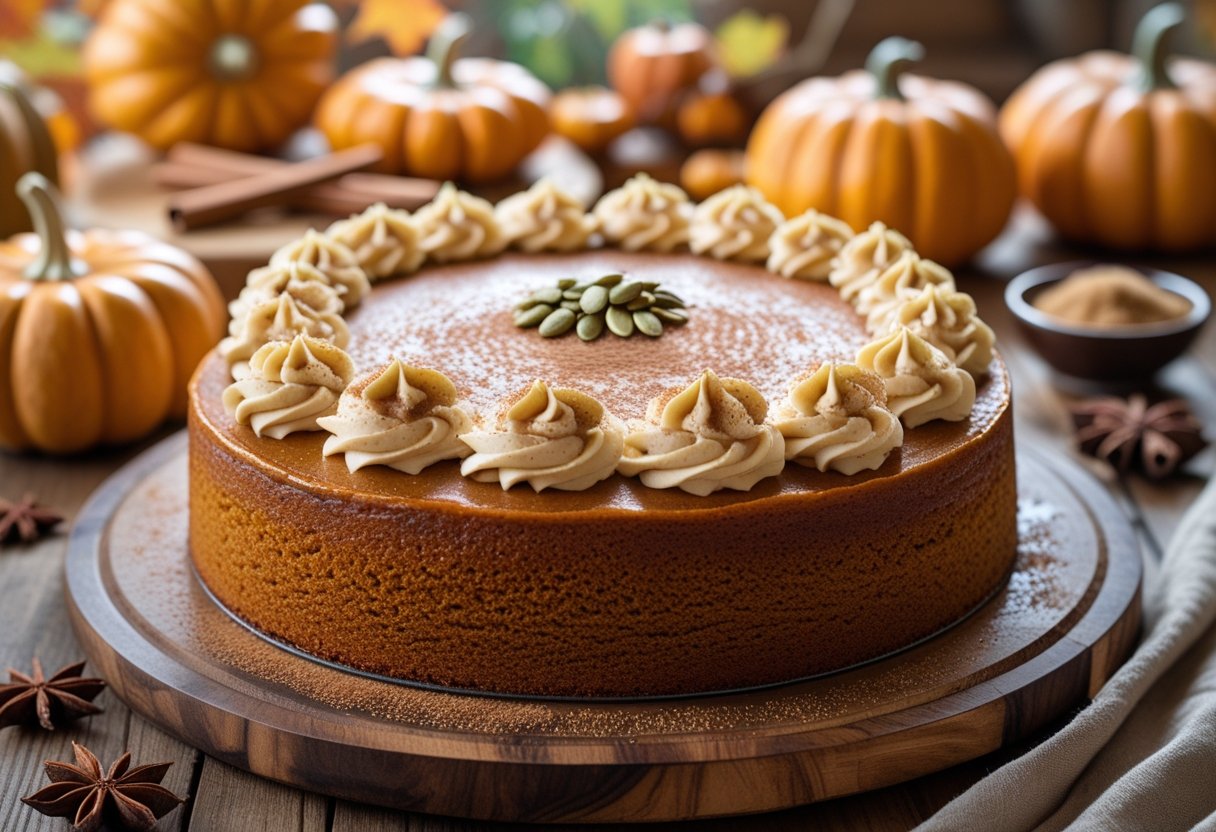 A freshly baked pumpkin cake with frosting on a wooden table surrounded by pumpkins, cinnamon sticks, and autumn spices.