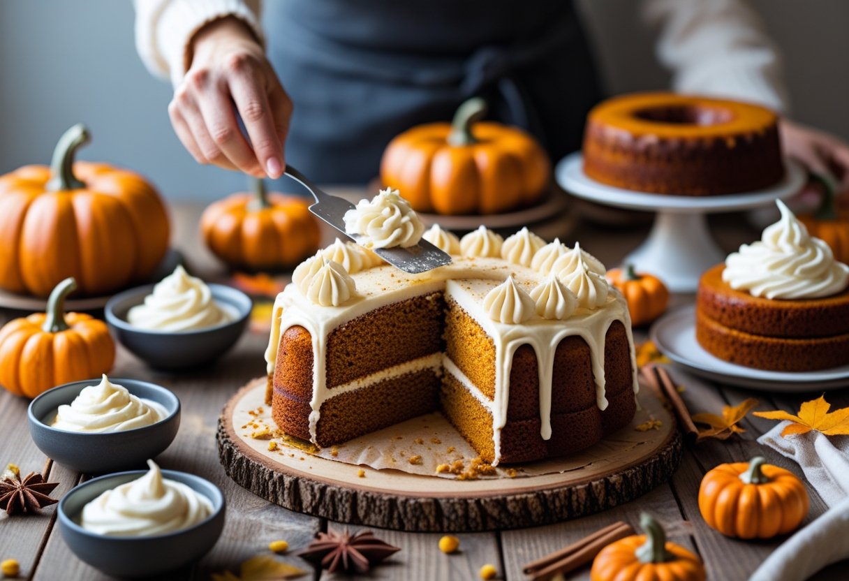 A table with a sliced pumpkin cake being frosted, surrounded by bowls of frosting and various pumpkin cake variations with autumn decorations.