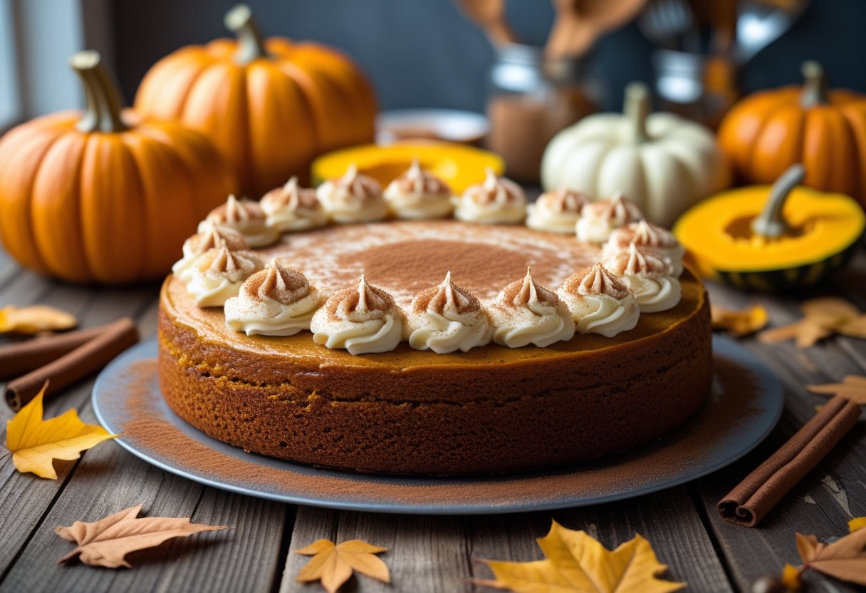 A freshly baked pumpkin cake with cream cheese frosting on a wooden table surrounded by pumpkins, cinnamon sticks, and autumn leaves.