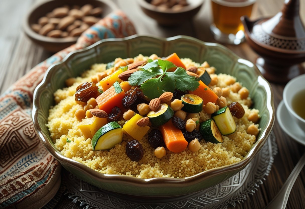 A bowl of Moroccan couscous topped with seven vegetables and garnishes on a wooden table with Moroccan decor around it.