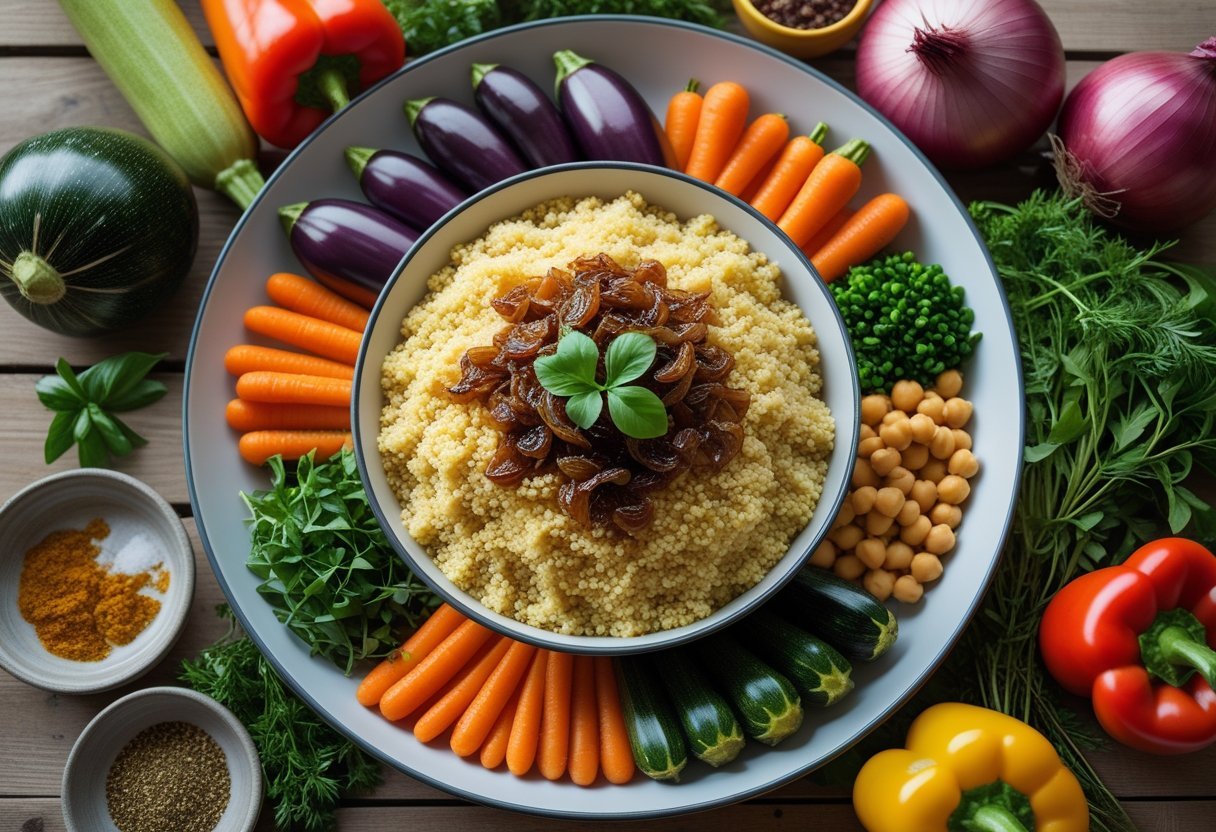 A bowl of Moroccan couscous surrounded by seven fresh vegetables and essential ingredients on a wooden table.