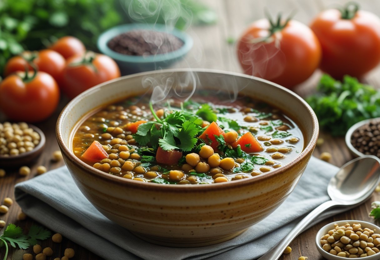 A bowl of traditional Harira soup with lentils, chickpeas, tomatoes, and herbs on a wooden table surrounded by fresh ingredients.