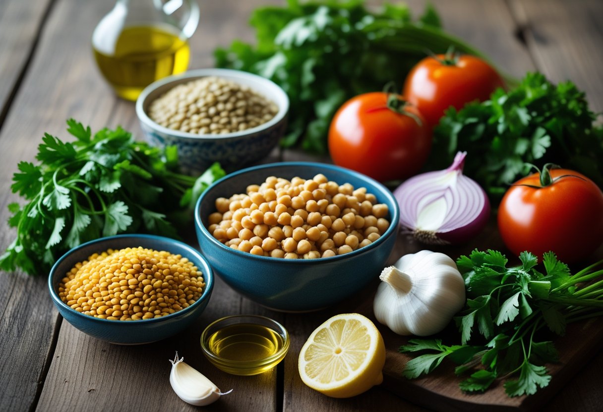 A collection of fresh ingredients for Harira soup arranged on a wooden table, including lentils, chickpeas, tomatoes, onions, herbs, garlic, lemon, and olive oil.