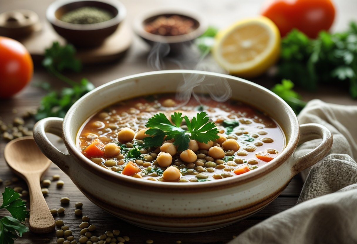 A bowl of steaming Harira soup on a wooden table surrounded by fresh ingredients like chickpeas, lentils, tomatoes, parsley, and lemon wedges.