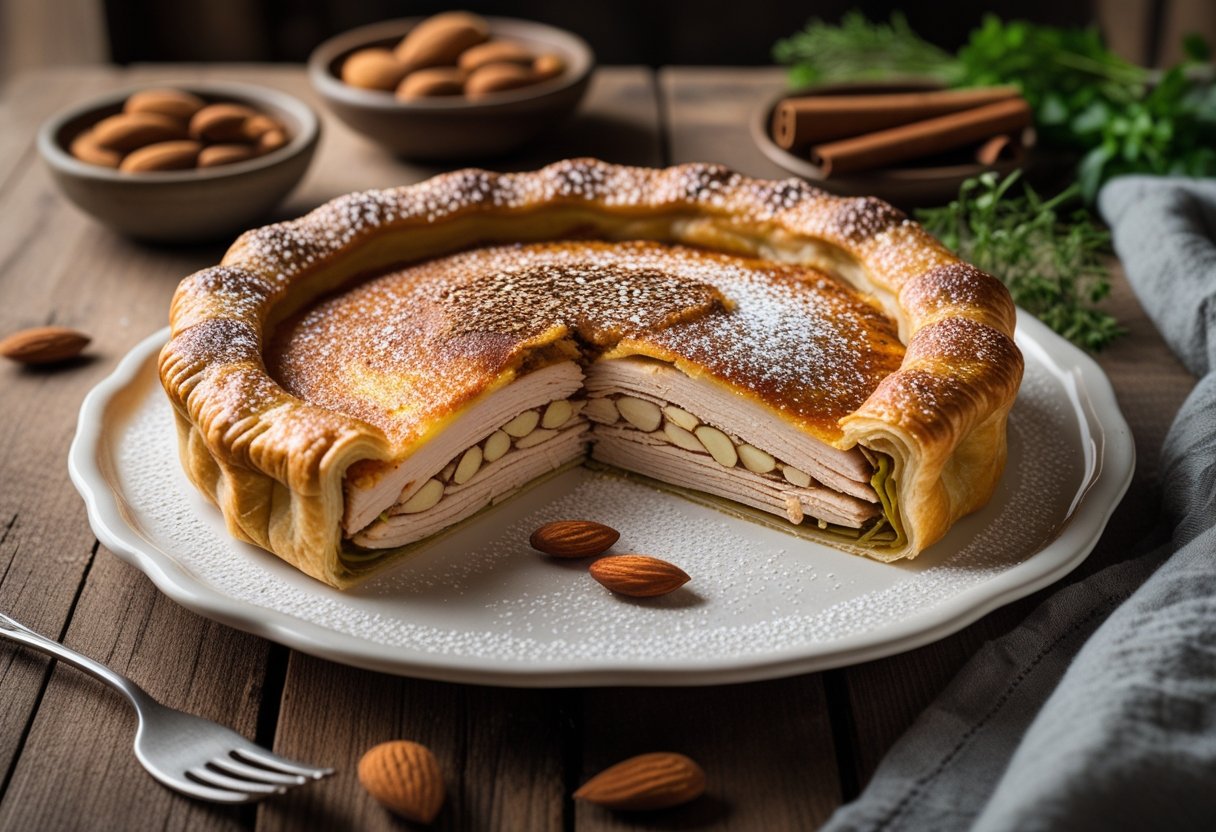 A golden brown Moroccan chicken and almond pie partially sliced on a white plate on a wooden table.