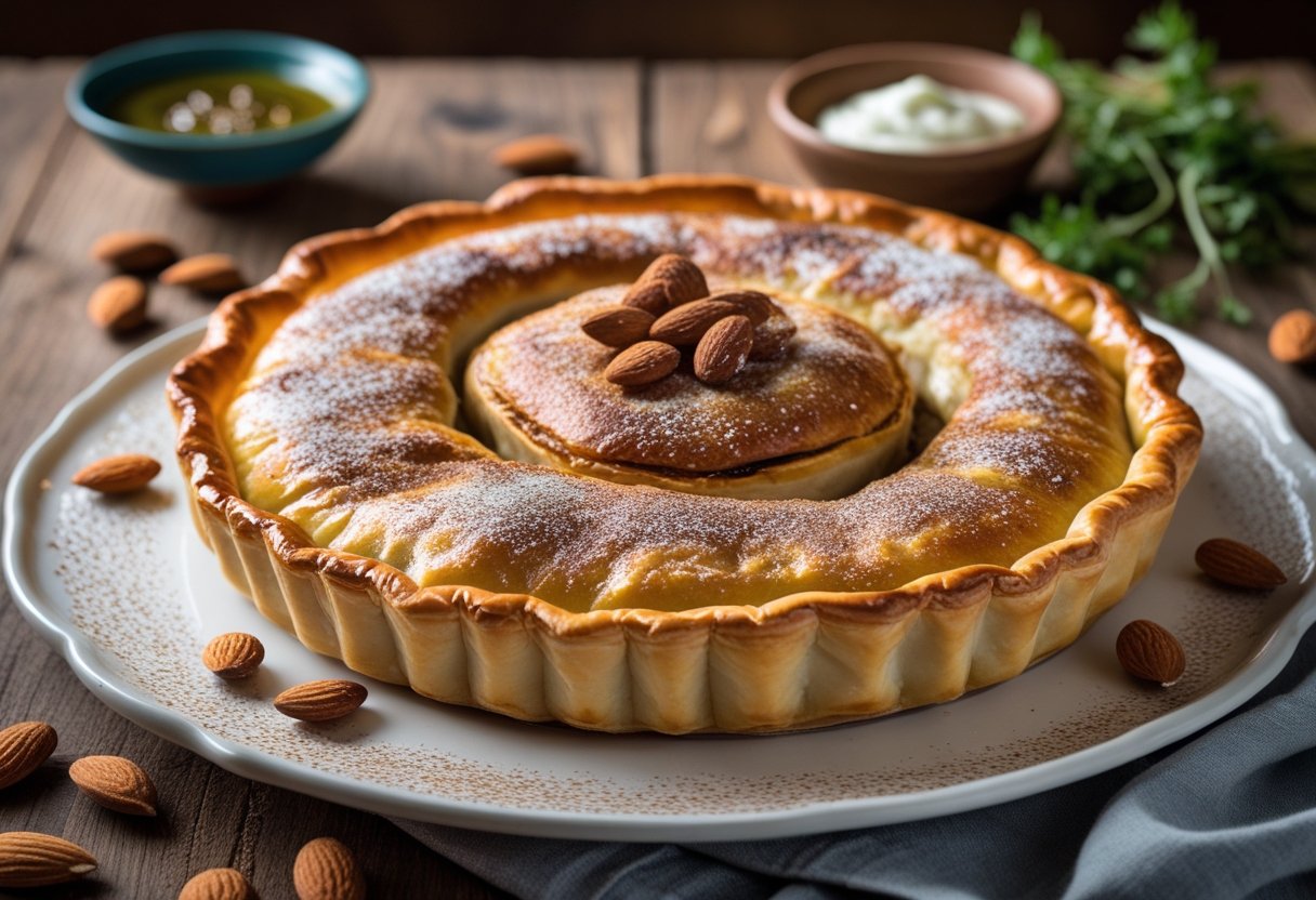 A golden brown Pastilla savory chicken and almond pie on a white plate, garnished with toasted almonds on a wooden table.