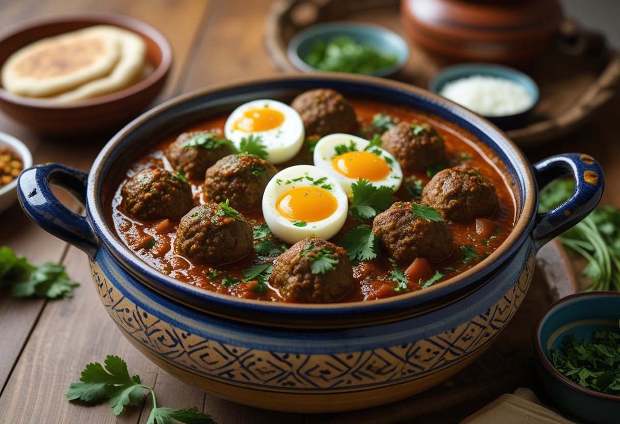 A tagine dish with spiced lamb meatballs and eggs in tomato sauce, served in a traditional earthenware pot with fresh herbs on top.