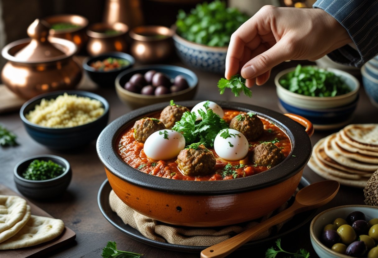 A table set with a tagine of spiced lamb meatballs and eggs, surrounded by side dishes and a chef adding fresh herbs.