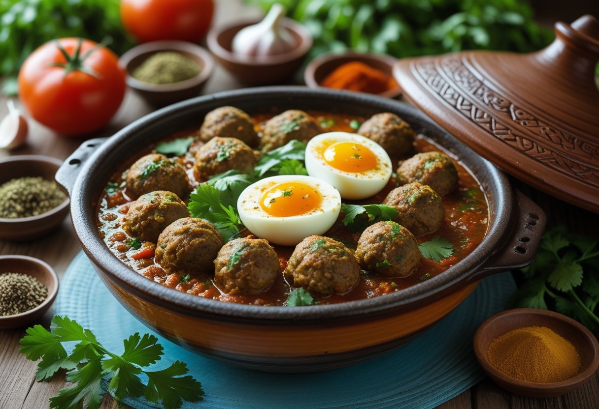A tagine pot filled with spiced lamb meatballs and eggs in tomato sauce, surrounded by fresh herbs and spices on a wooden table.
