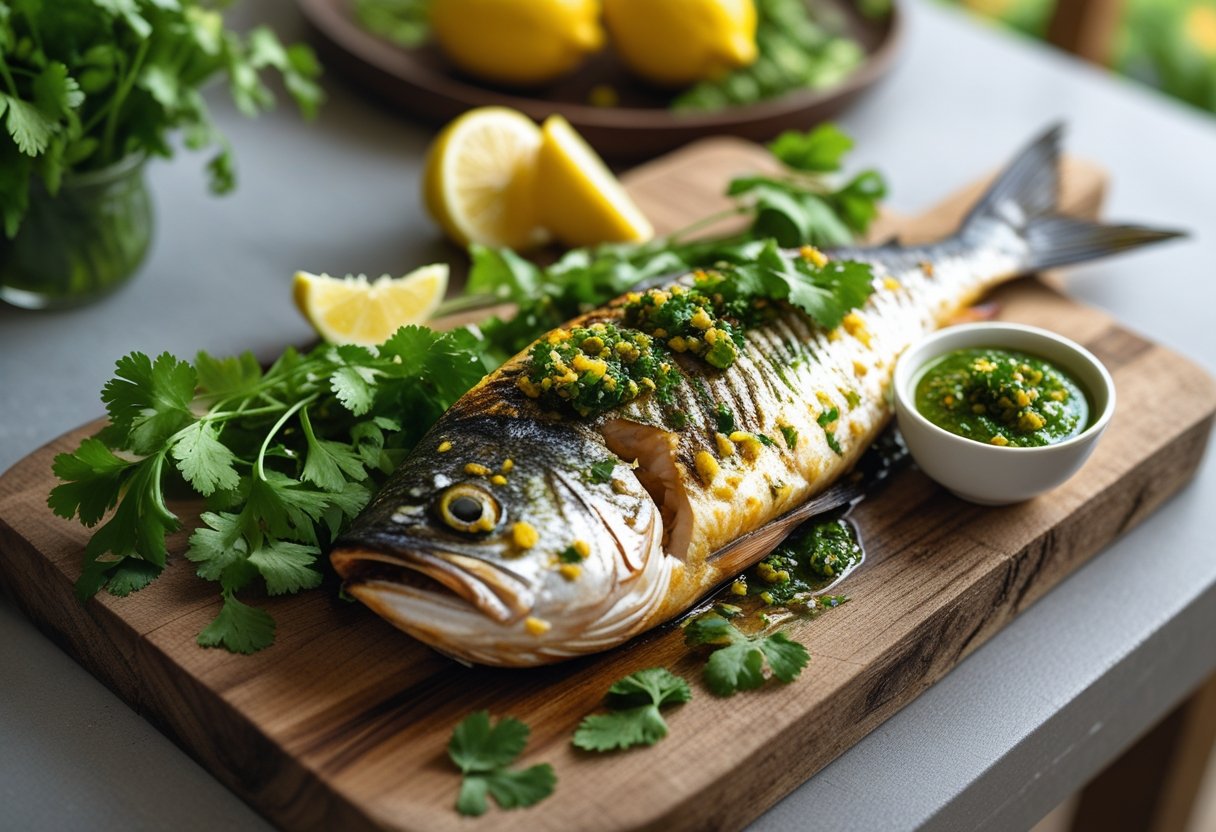 Grilled fish marinated with chermoula sauce served on a wooden board with lemon wedges and fresh herbs.