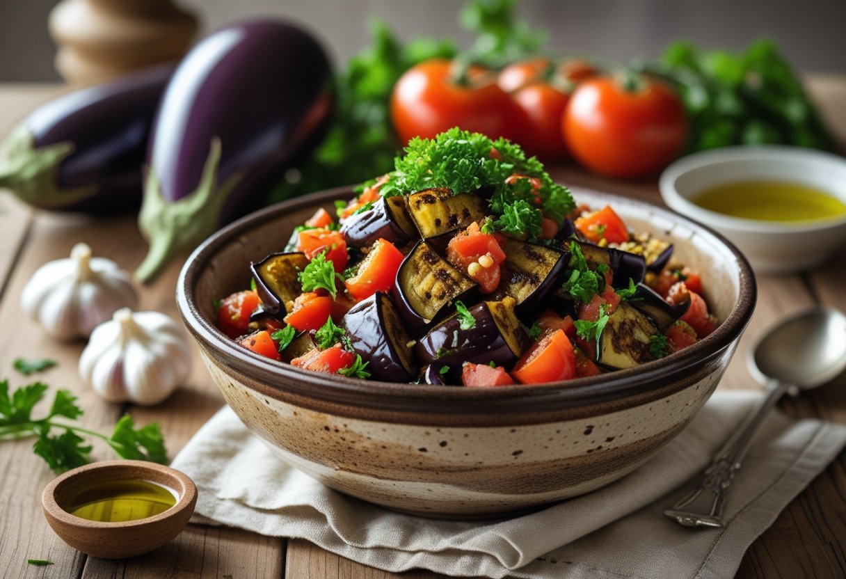 A bowl of smoky eggplant and tomato salad garnished with parsley on a wooden table with fresh vegetables around it.