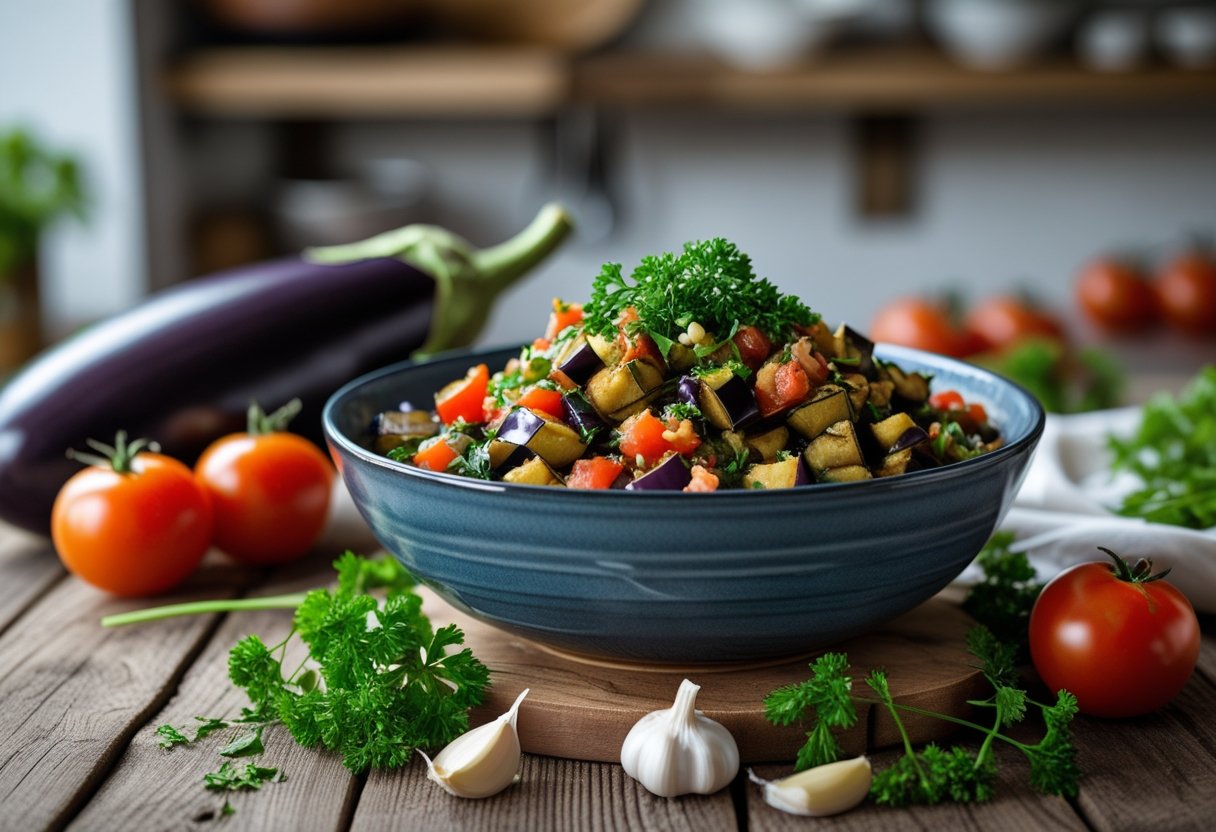 A bowl of smoky eggplant and tomato salad on a wooden table surrounded by fresh eggplants, tomatoes, garlic, and parsley in a kitchen setting.