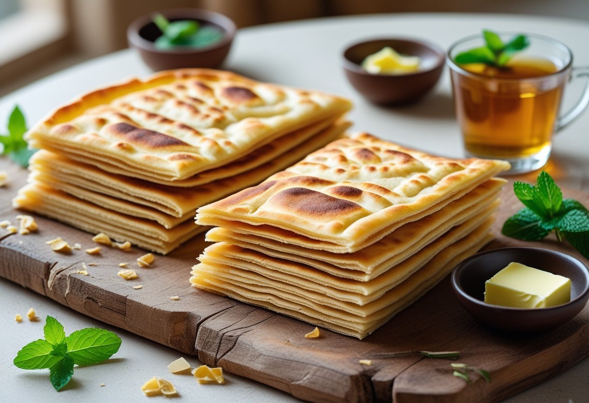 Freshly cooked layered semolina flatbread on a wooden board with bowls of honey, butter, and a glass of mint tea nearby.