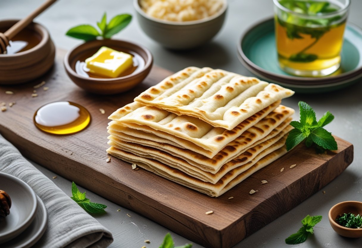 A wooden board with layered flatbreads served alongside small bowls of honey, butter, and herb sauce, with a glass of mint tea on a table.