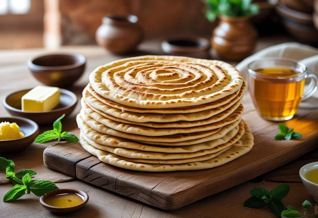 Freshly cooked layered semolina flatbread stacked on a wooden board with bowls of honey, butter, and a glass of mint tea in a warm kitchen setting.