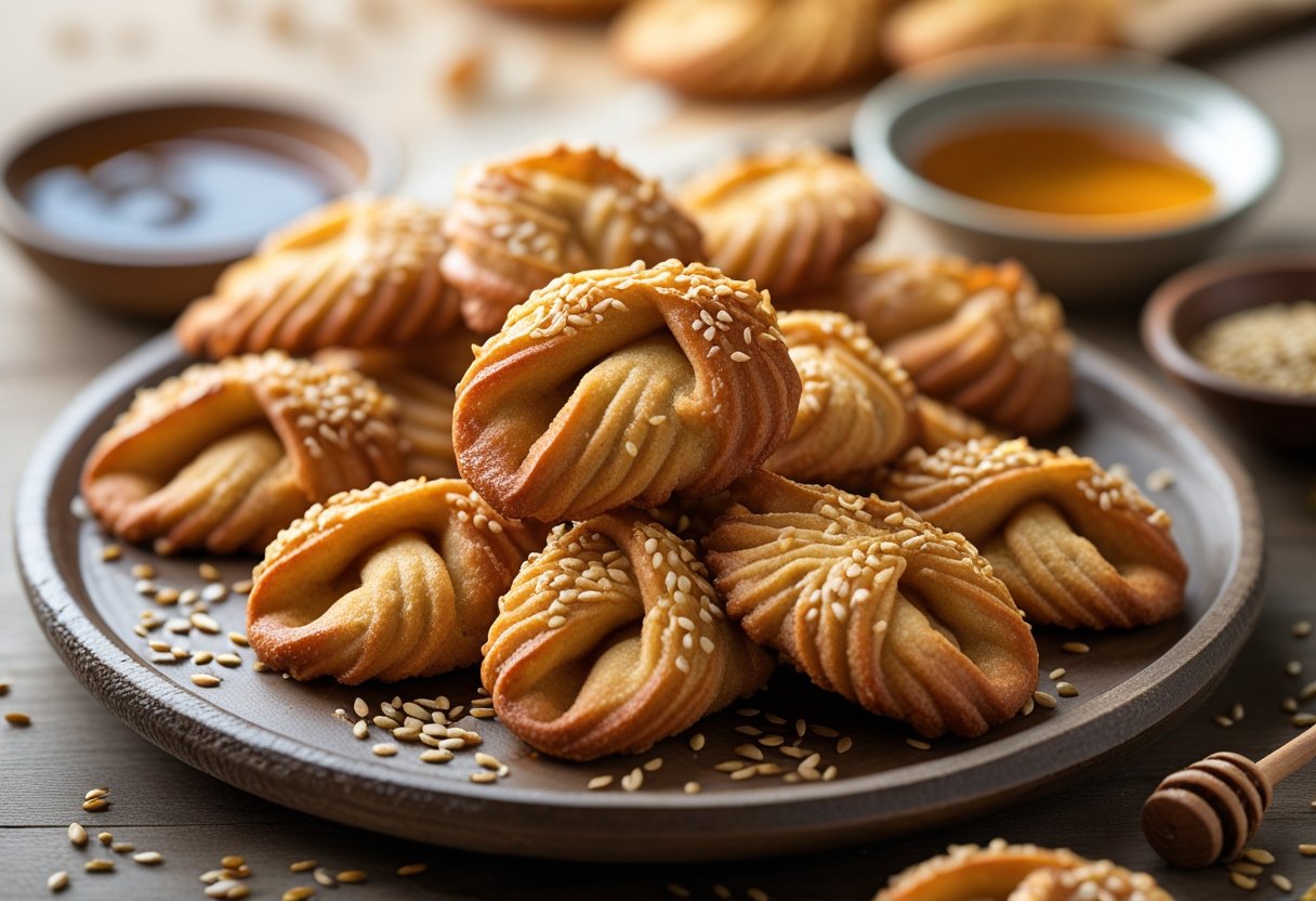 Close-up of golden-brown sesame and honey fried cookies arranged on a wooden plate with a bowl of honey and sesame seeds nearby.
