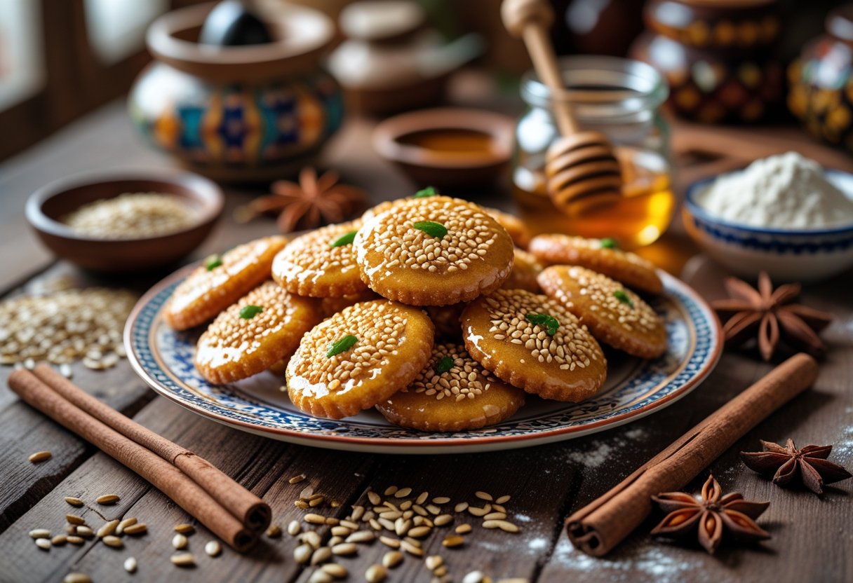 A plate of golden-brown sesame-and-honey fried cookies on a wooden table surrounded by ingredients like sesame seeds, honey, cinnamon sticks, and flour.