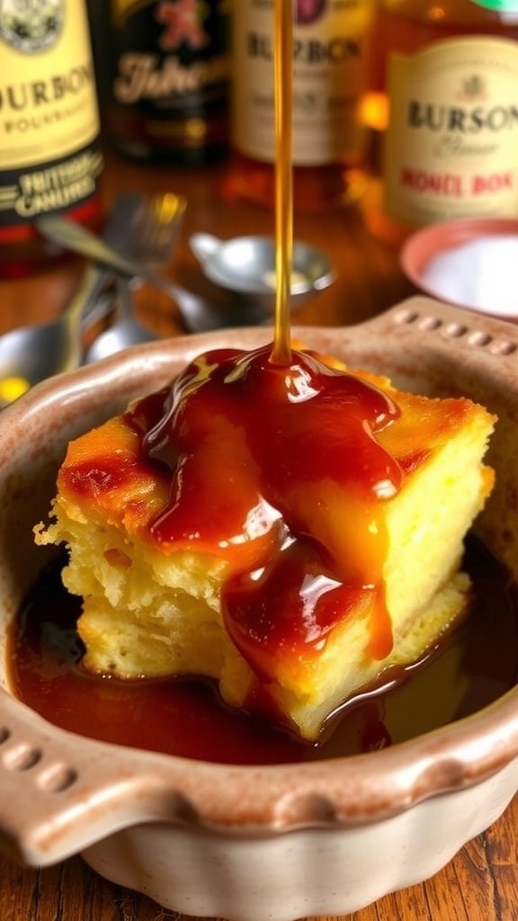 Brioche bread pudding topped with bourbon-caramel sauce in a rustic dish, with a cozy kitchen backdrop.