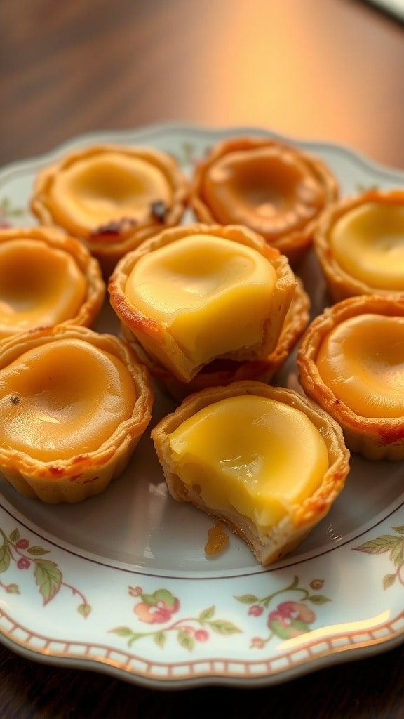 A plate of golden-brown Chinese egg tarts with creamy custard filling.