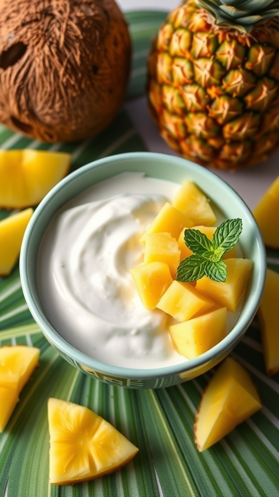 High-Protein Pineapple Coconut Delight A bowl of creamy pineapple coconut dessert topped with pineapple slices and mint, surrounded by tropical decor.